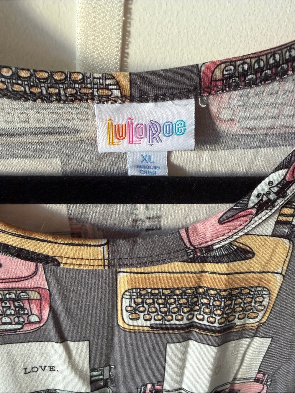 LuLaRoe Gray Midi Dress with Pink, Green & Yellow Typewriter Print - Picture 3 of 3